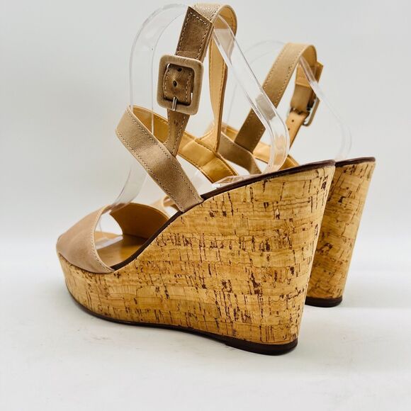 J Crew Shoes Womens 10 Beige Leather Cork Wedge Heels Platform Sandals - Picture 5 of 11
